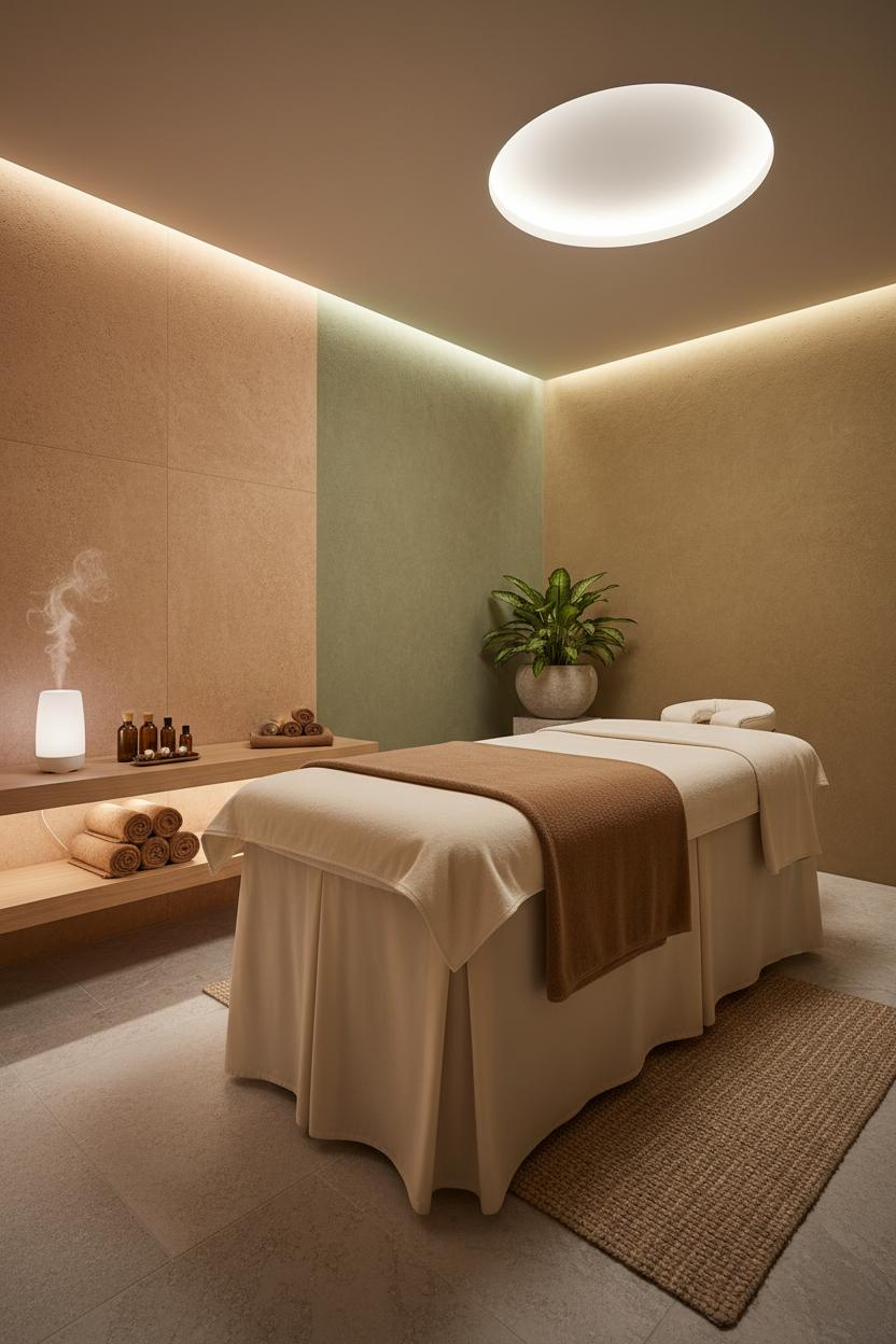 Peaceful massage therapy room with soft lighting